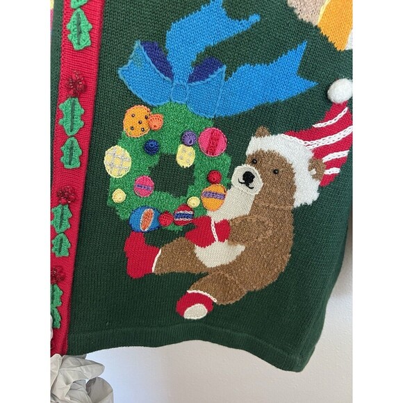 Storybook Knit VTG 3D Teddy Bear Christmas Knit Cardigan Novelty Sweater Grandma - Picture 3 of 11